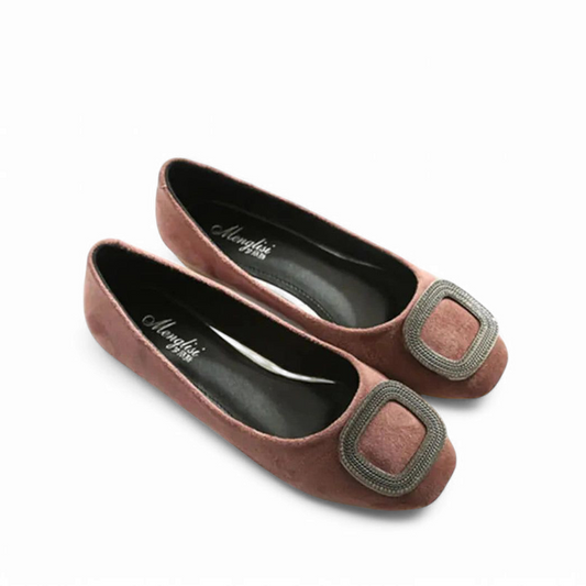 Dusty-rose pair with square buckles, gently angled perspective.