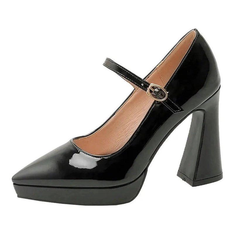 Side view of black patent-look Mary-Jane pump with platform sole and chunky heel.
