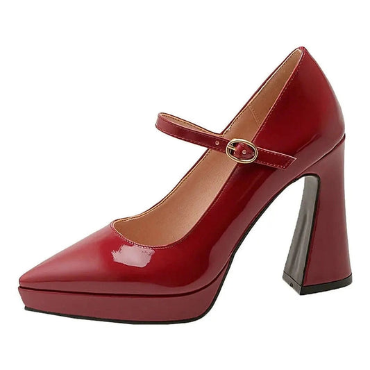 Side view of burgundy Mary-Jane pump with platform sole and chunky heel.

