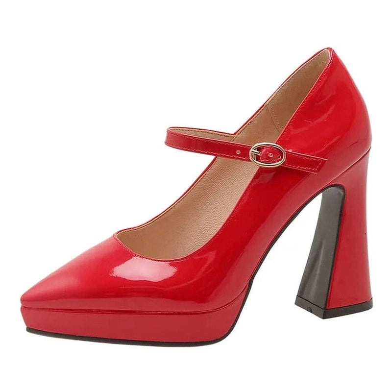 Side view of glossy red Mary-Jane pump with platform sole and chunky heel.