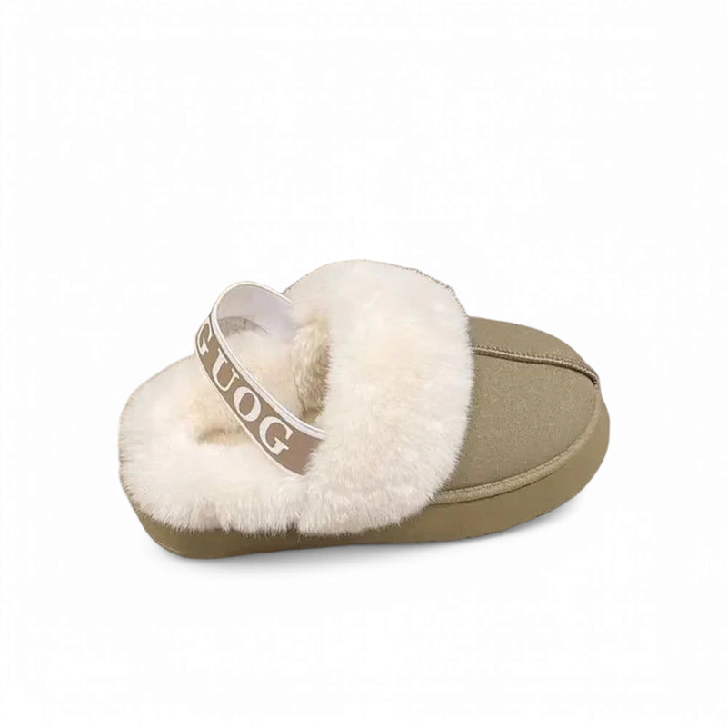 A gray slipper viewed from above, showing the rounded toe, soft faux suede upper, and light fur lining around the collar.