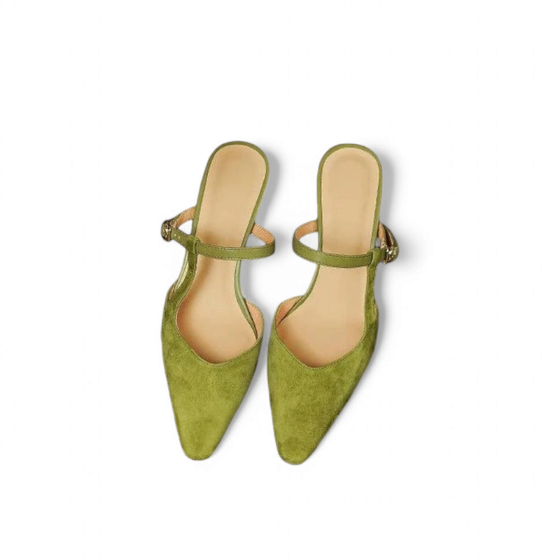 Green Warda pair flat-lay showing leather insole and T-strap.
