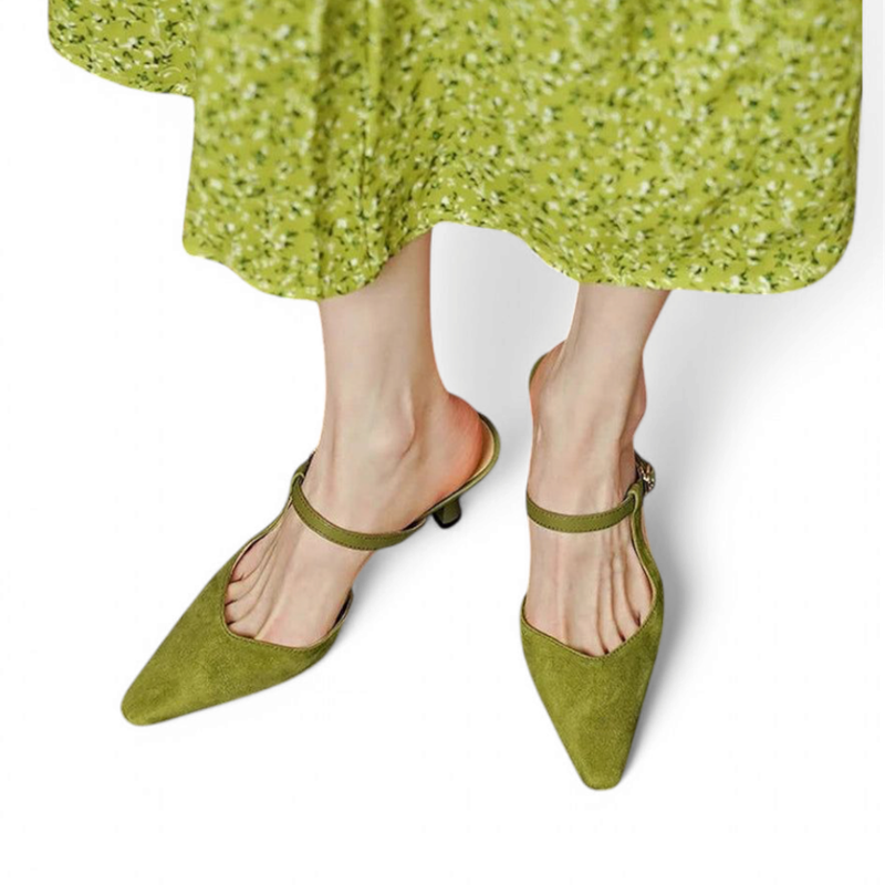 Top-down shot of green Warda pair with T-strap and pointed toes.

