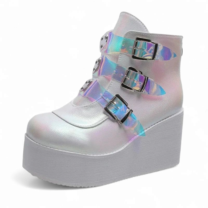 Side view of white starlight wedge boot with colorful translucent buckles.