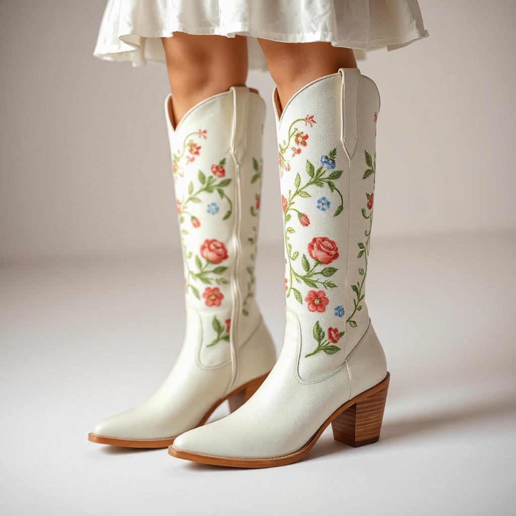 A pair of knee-high cowboy boots in ivory white with a pointed toe and mid stacked wooden heel, featuring floral embroidery of roses, vines, and small flowers along the shaft; brown sole with visible welt, shown beneath a white dress in a neutral studio.