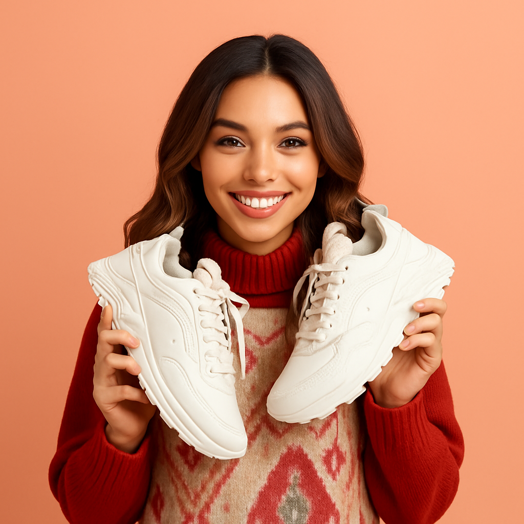 A smiling model holds a pair of white low-top lace-up sneakers with a round toe and chunky treaded sole. Peach background; the model wears a red sweater with a geometric pattern.