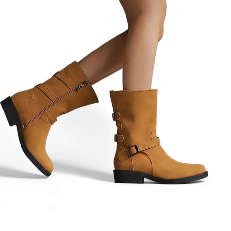 Woman styled in Merendy Salsa brown boots, viewed from the side—showing the relaxed fit and urban elegance.