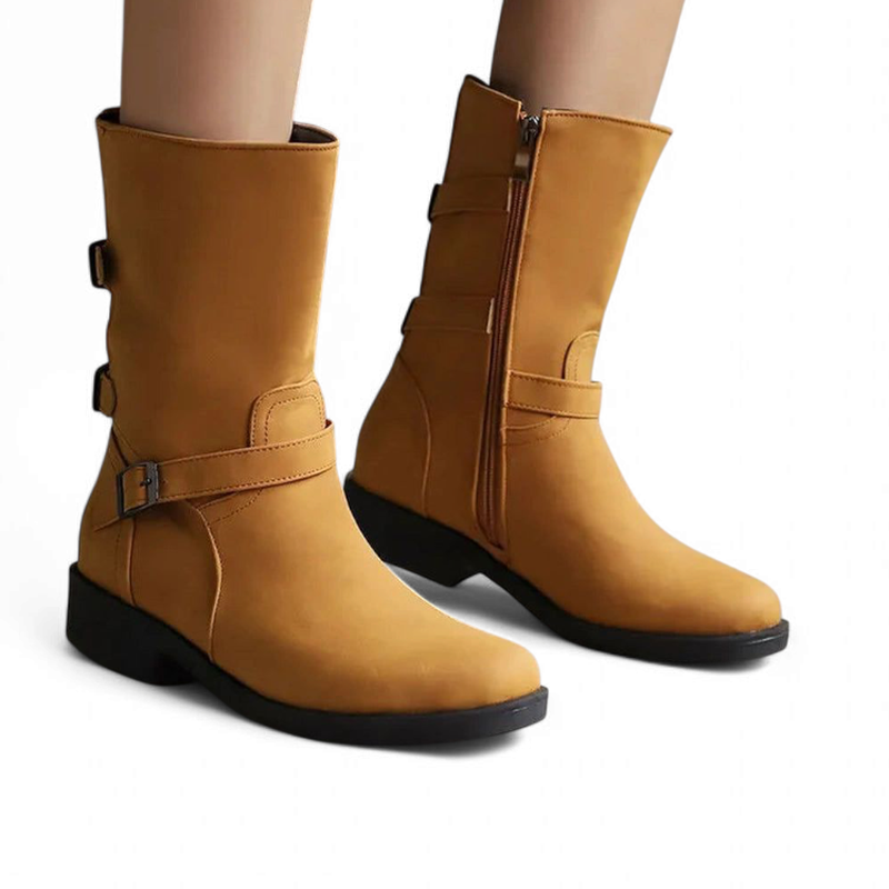 Woman styled in Merendy Salsa boots, viewed from the side—showing the relaxed fit and urban elegance.