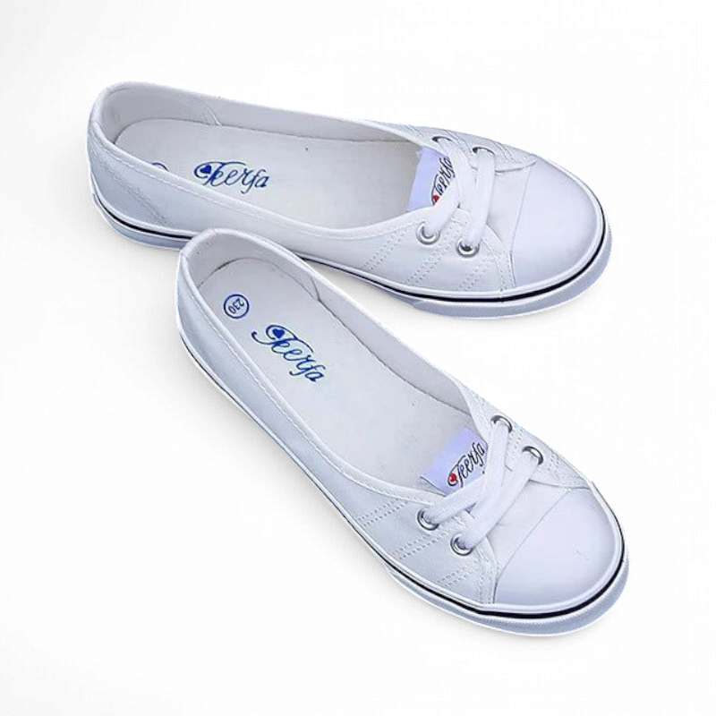 White canvas pair with short lace and two metal eyelets near the toe.