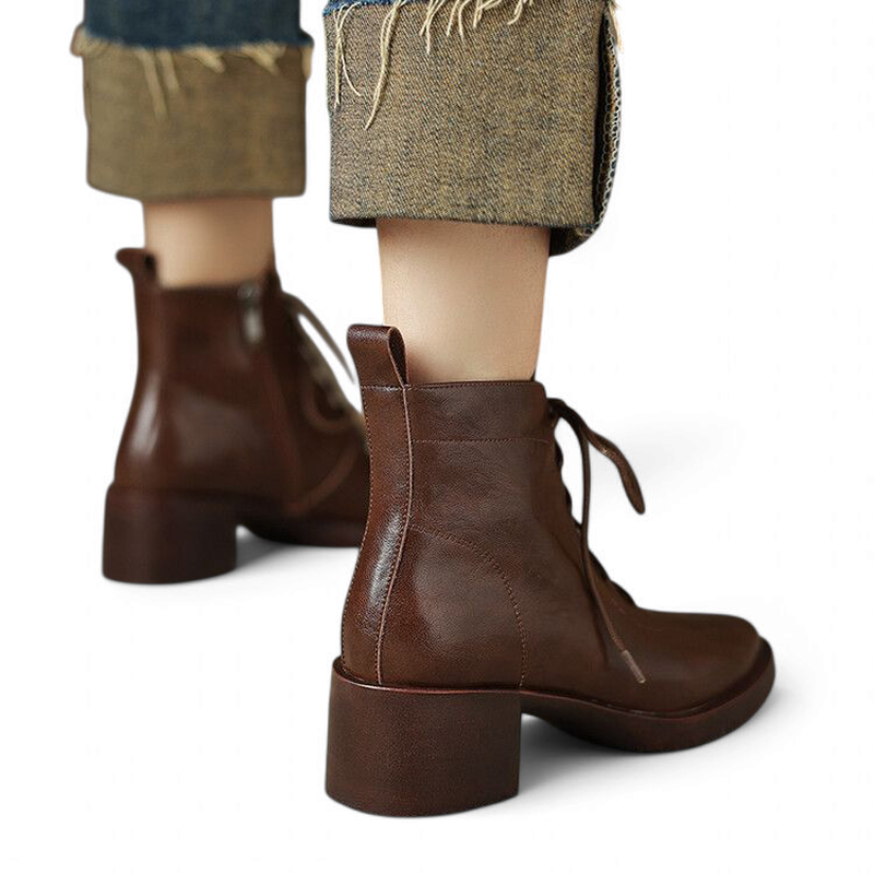 back view of Merendy Tarek Victorian boots in brown split leather, featuring lace-up closure and detailed stitching.