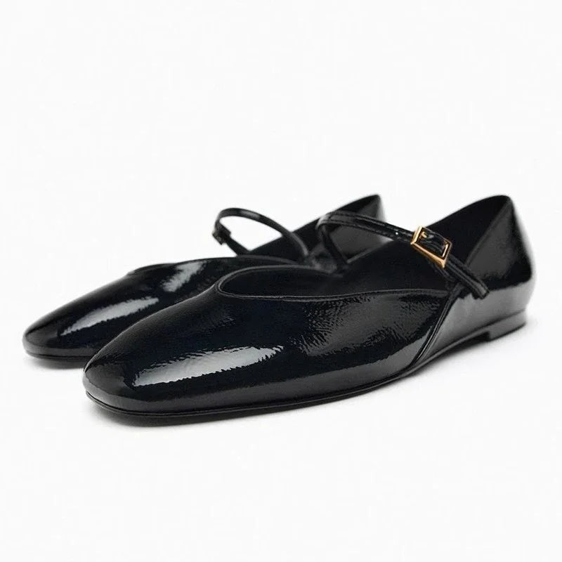 Merendy Dallas Black Mary Jane ballet flats with bold glossy leather finish, round toe design and front view showing strap and buckle