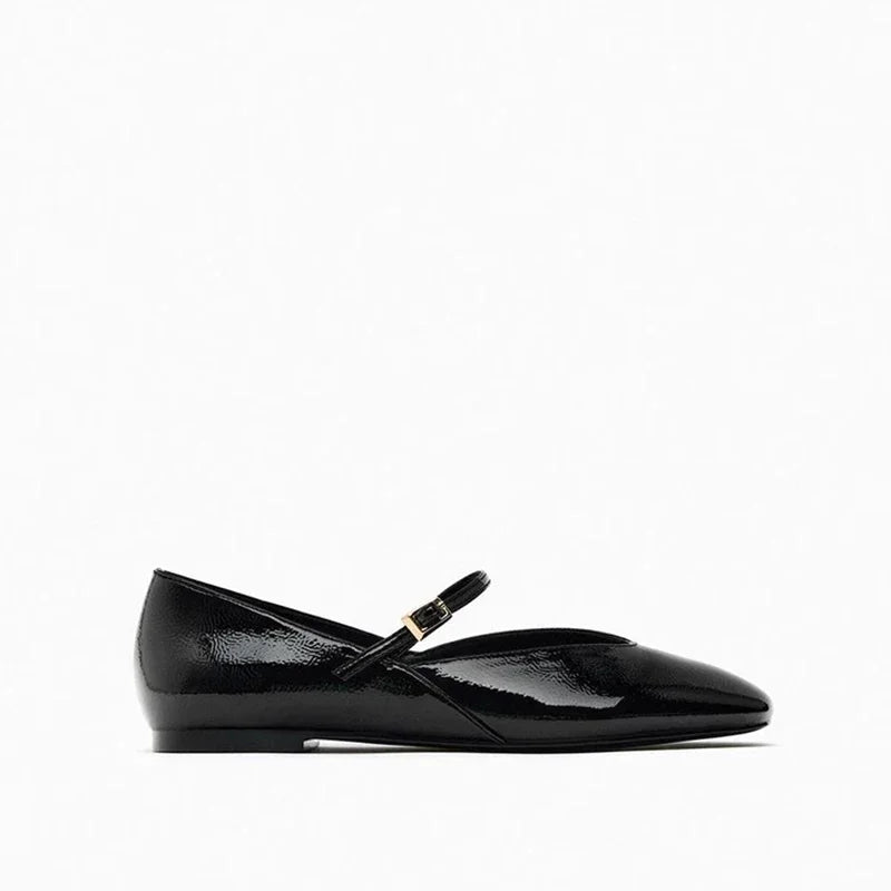 Side view of Merendy Dallas Mary Jane ballet flat in black with glossy leather and round toe design