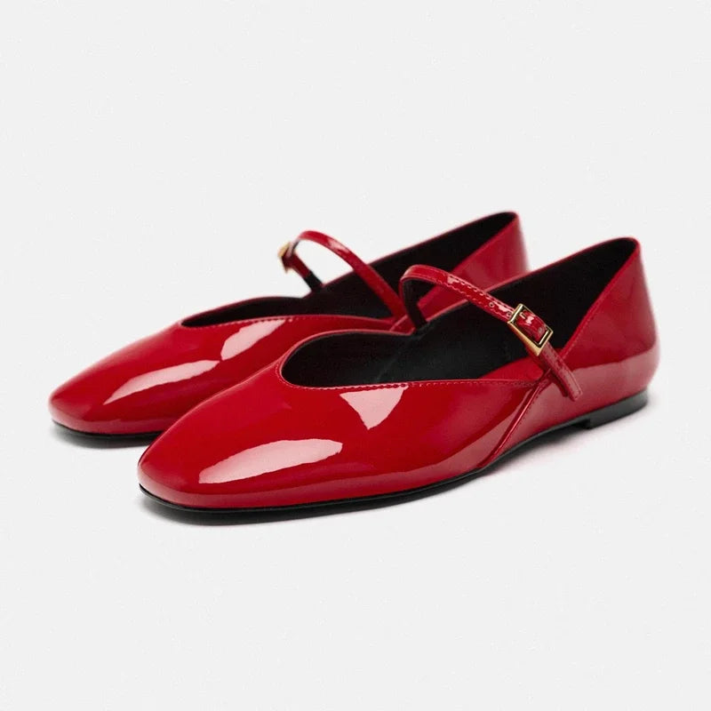 Merendy Dallas red Mary Jane ballet flats with bold glossy leather finish, round toe design and front view showing strap and buckle