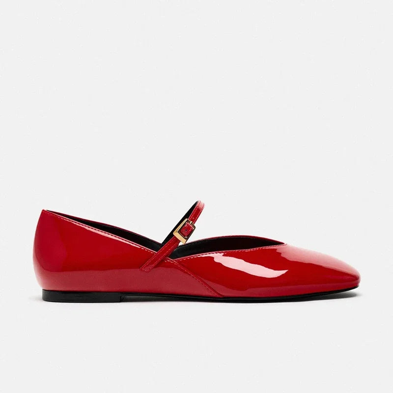 Side view of Merendy Dallas Mary Jane ballet flat in red with glossy leather and round toe design