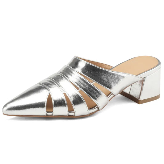 Side view of Merendy Sortara silver metallic genuine leather mules with pointed toe and mid chunky heel