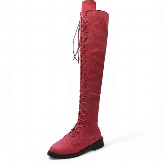 Over-the-knee red boots with classic lace-up design and low square heel