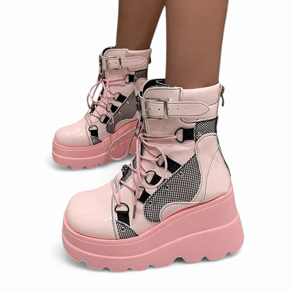 Merendy Cute Motorcycle Platform Chunky buckle and lace-up Ankle Boot