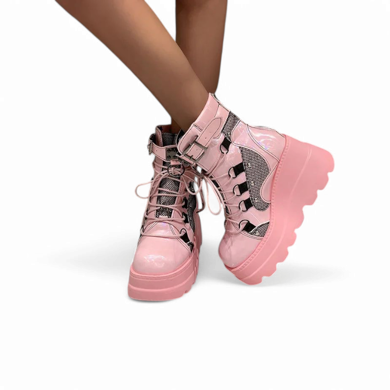 Merendy Cute Motorcycle Platform Chunky buckle and lace-up Ankle Boot