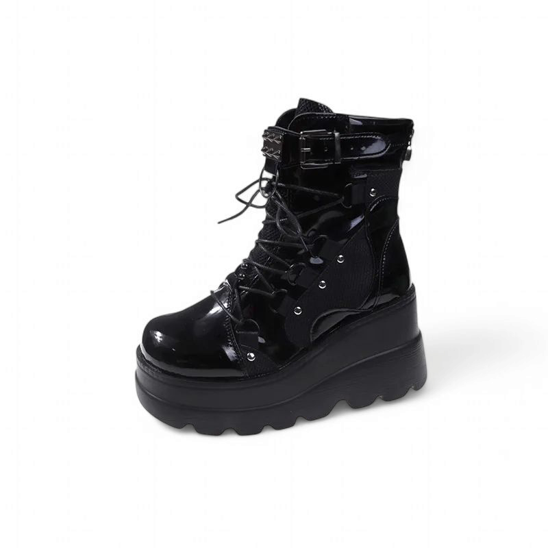 Merendy Cute Motorcycle Platform Chunky buckle and lace-up Ankle Boot