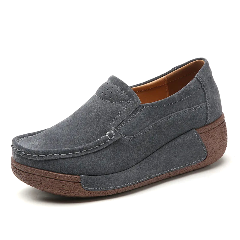 Charcoal‑grey suede platform loafer side view.