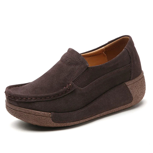 Coffee‑brown suede platform loafer side view.