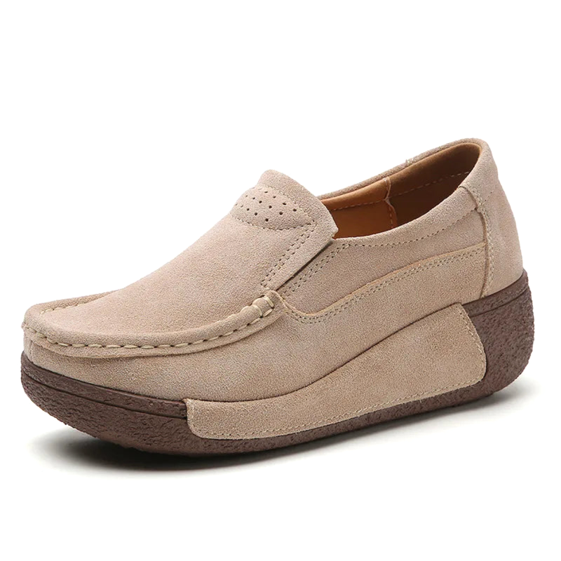 Sand‑beige suede platform loafer side view.
